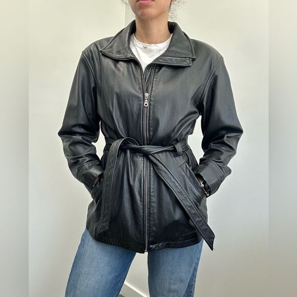 Jacqueline Ferrar 90's Vintage Black Leather Jacket Mid Length Waist Tie Size M - Picture 1 of 11